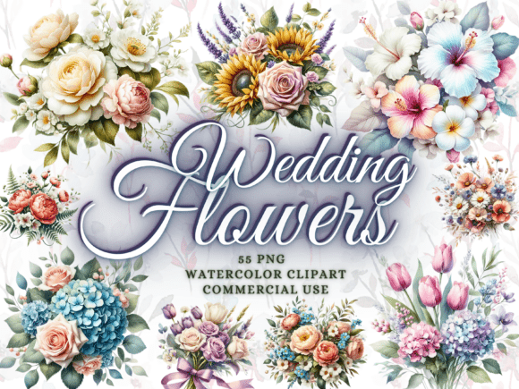 55 Elegant Watercolor Wedding Flowers Clipart Bundle for Creatives