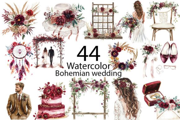 Bohemian Wedding Watercolor Clipart for Dreamy Designs