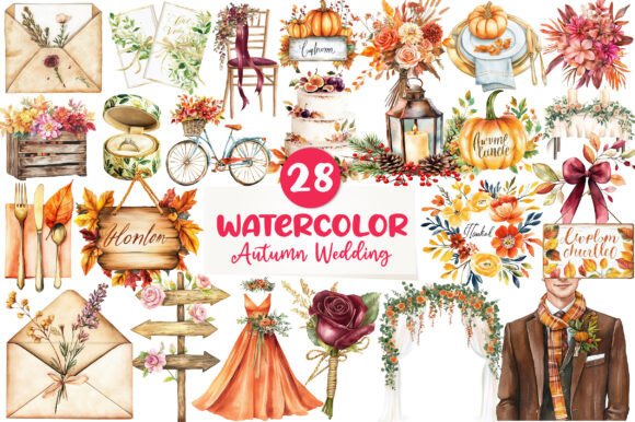 Watercolor Autumn Wedding Clipart: 28 Designs for Your Projects