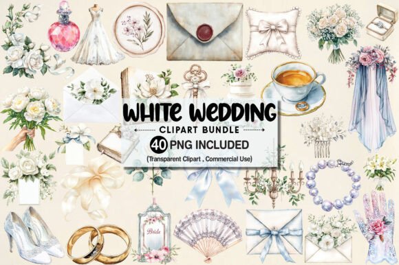 Watercolor White Wedding Bundle: Elegant Digital Graphics